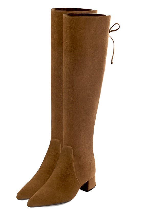 Caramel brown women's knee-high boots, with laces at the back. Tapered toe. Low flare heels. Made to measure. Front view - Florence KOOIJMAN